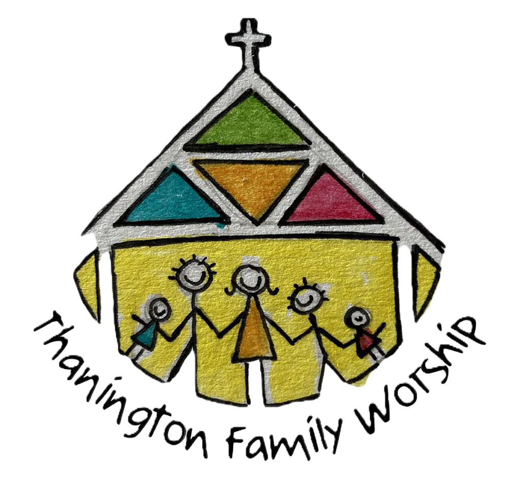 Colourful logo formed of lychgate, with cross on top, and family inside.